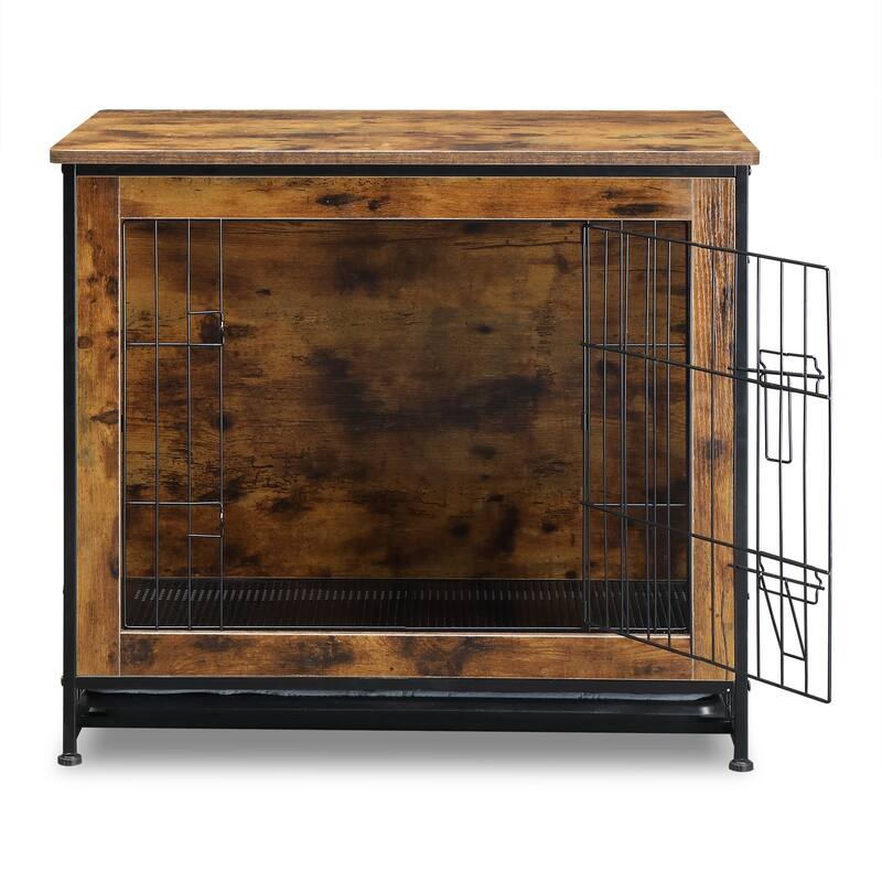 Rustic Brown Wooden Double Doors Dog Crate with Cushion and Adjustable Feet