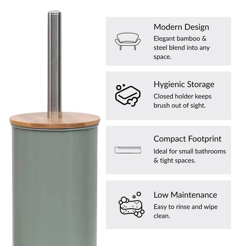 Metal Toilet Brush and Holder Set With Bamboo Lid