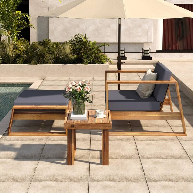 3-Piece Acacia Wood Outdoor Lounge Set with Chair and Ottoman for Patios Balconies and Gardens