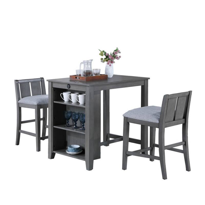 Ham 3 Piece Counter Height Compact Dining Table, Chair Set, Gray Wood