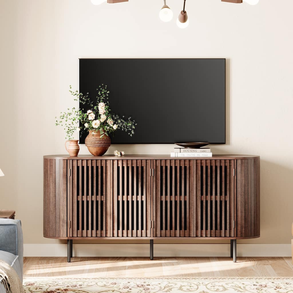 WAMPAT 64.4" Fluted TV Stand,Wood Entertainment Center for TVs Up to 70 inches