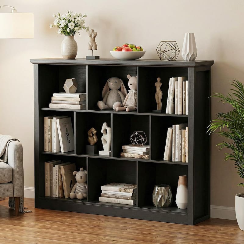 7/10 Cube Bookcase Organizer with Backpanel, 50" Wooden Storage Book Shelf for Living Room, Bedroom, Home Office, Kids Room - Antique Black - 10 Cube (13.4"D x 50"W x 38.6"H)