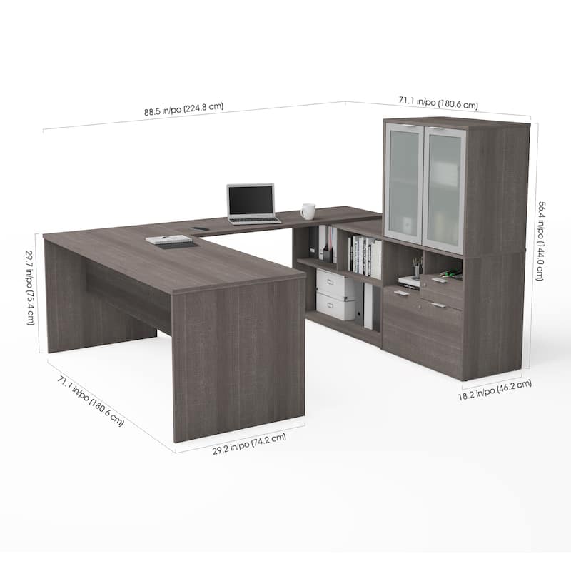 Bestar i3 Plus U-Desk with Frosted Glass Door Hutch