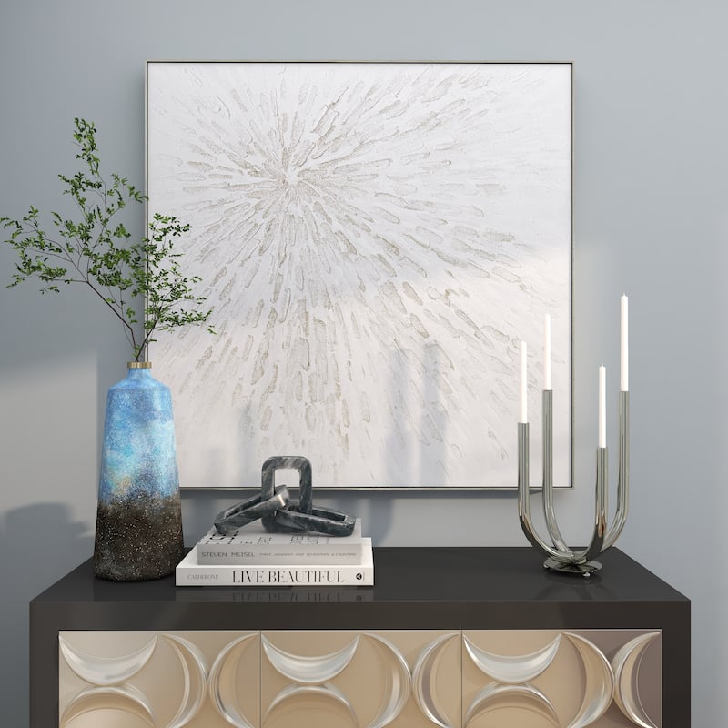 Canvas Starburst Abstract Metallic Living Room Framed Wall Art with Silver Foil Accents - White - CosmoLiving by Cosmopolitan