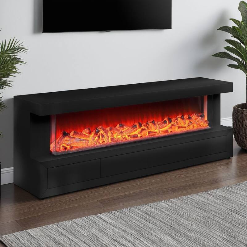 Dori TV Stand Cabinet w Electric Fireplace, Speaker, 71 Inch Black