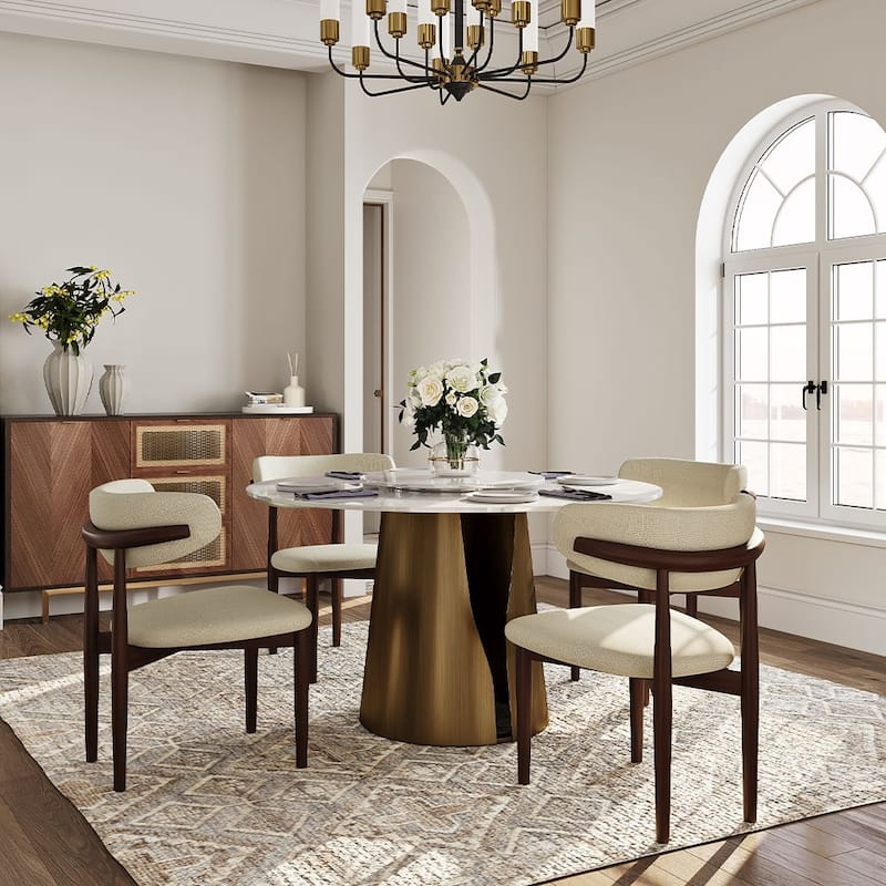 Modern Round White Dining Table，Sintered Stone Tabletop, Solid Black Carbon Steel Base