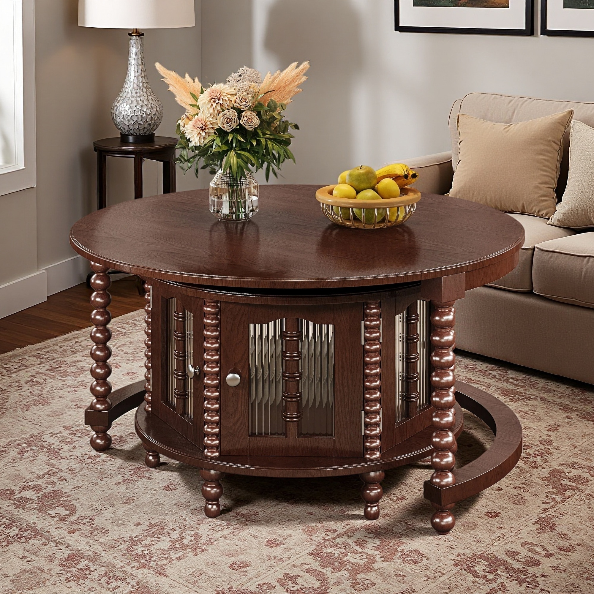 Vintage Round Nesting Coffee Table with Glass Doors