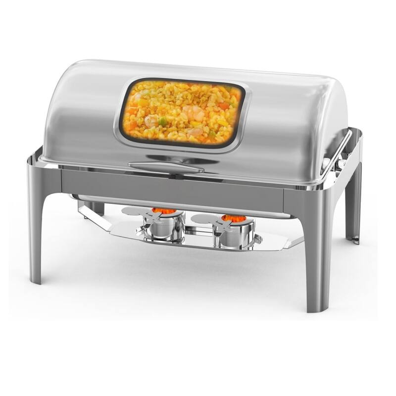 Roll Top Chafing Dish Buffet Set Rectangular 9QT Stainless Steel Catering Food Warmers with Glass Window Full Size Silver - 9L - 9L