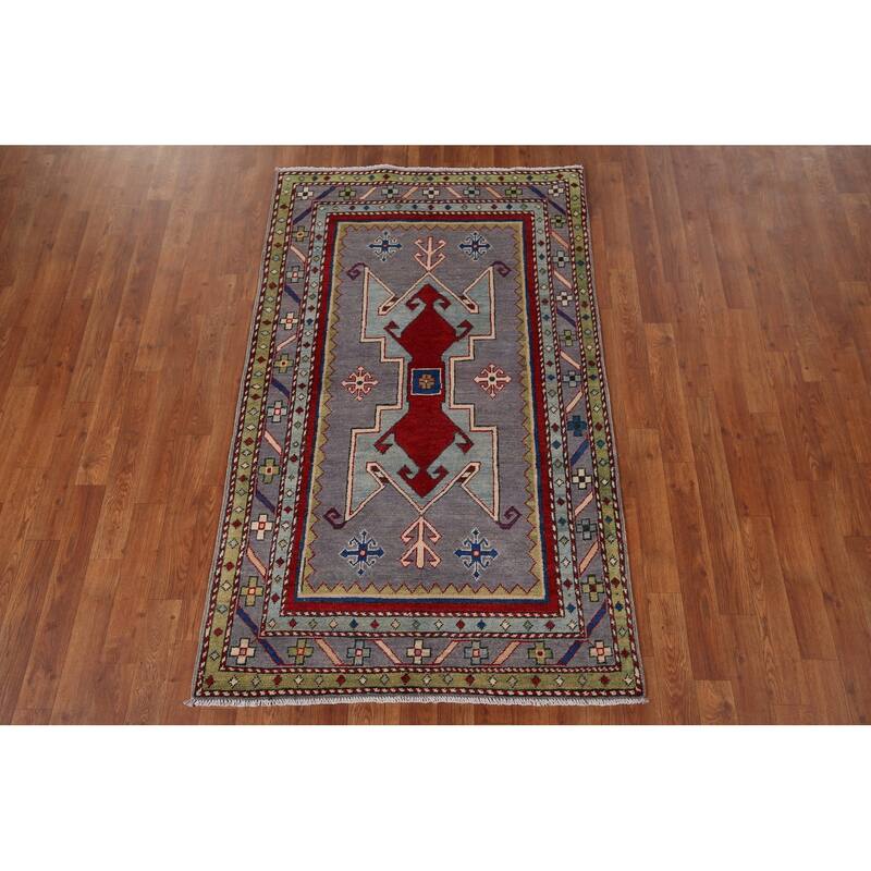 Gray Geometric Kazak Foyer Rug Handmade Oriental Wool Carpet - 3'4" x 5'5"