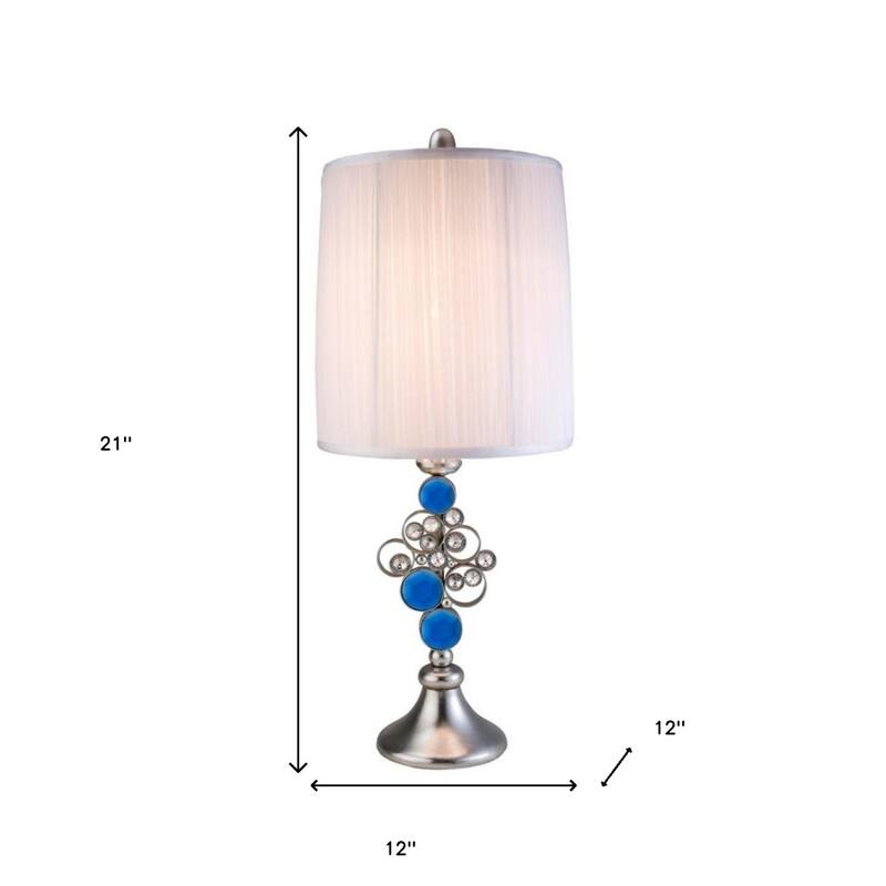 Silver Metal Bedside Lamp with White Pleated Cotton Drum Shade 3 Way Switch - 12” x 12” x 21” (D x W x H)