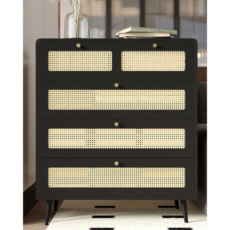 Modern Rattan Dressing Farmhouse Wood Storage Cabinet with 4 Drawers and Metal Handles, for Bedroom Living Room Hallway - Black