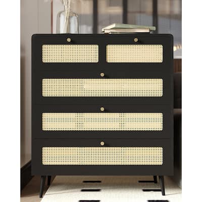 Modern Rattan Dressing Farmhouse Wood Storage Cabinet with 4 Drawers and Metal Handles, for Bedroom Living Room Hallway
