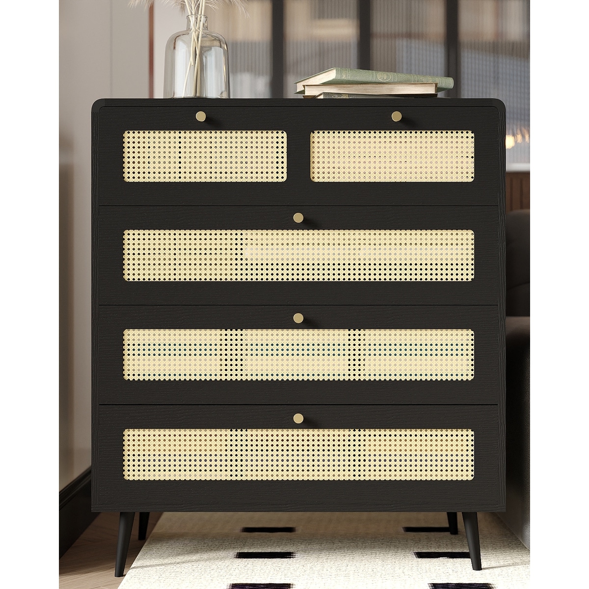 Modern Rattan Dressing Table Storage Cabinet with 4 Drawers, Waterproof, for Bedrooms and Living Rooms