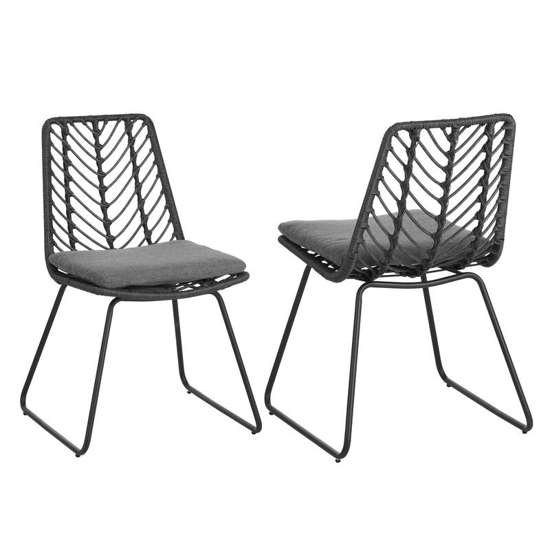 Roomfitters Deja Set of 2 Outdoor Wicker Dining Chairs with Water-Resistant Cushions, Transitional Rattan and Iron Frame, Gray