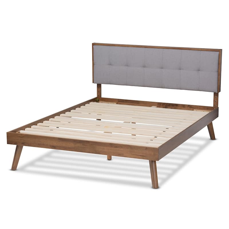Alke Mid-Century Modern Fabric Upholstered Walnut Brown Finished Wood Platform Bed - Light Grey - King
