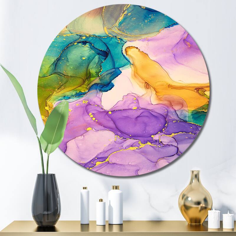 Designart 'Purple Yellow And Green Liquid Art' Modern Metal Circle Wall Art - 23x23 - Disc of 23 Inch