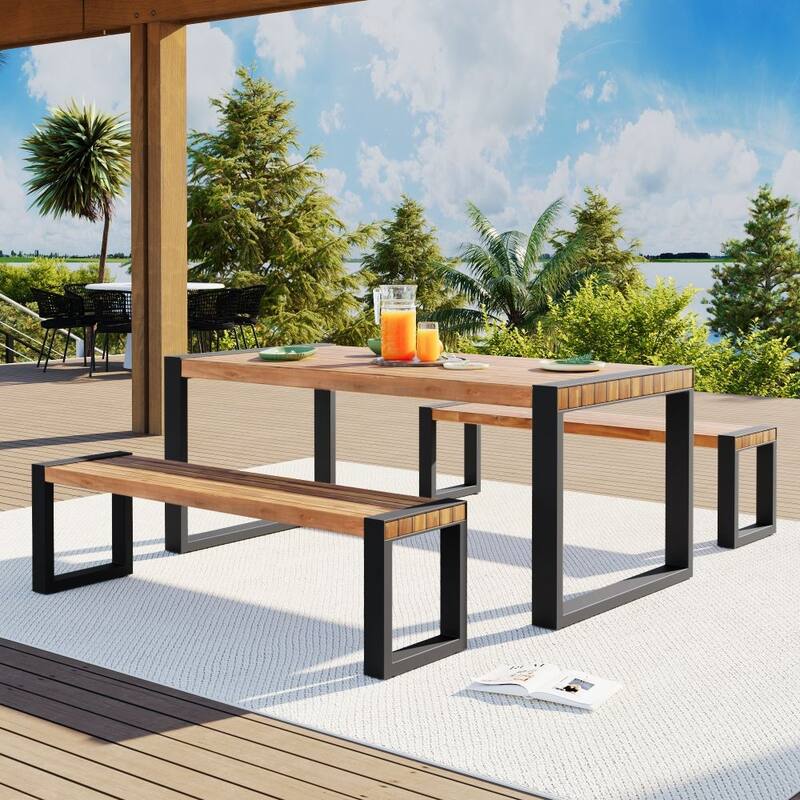 3-Pieces Outdoor Dining Table With 2 Benches, Patio Dining Set With Unique Top Texture