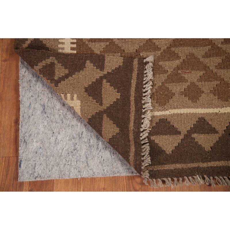 Geometric Kilim Oriental Runner Rug Flat-weave Brown Wool Carpet - 3'5" x 6'7"