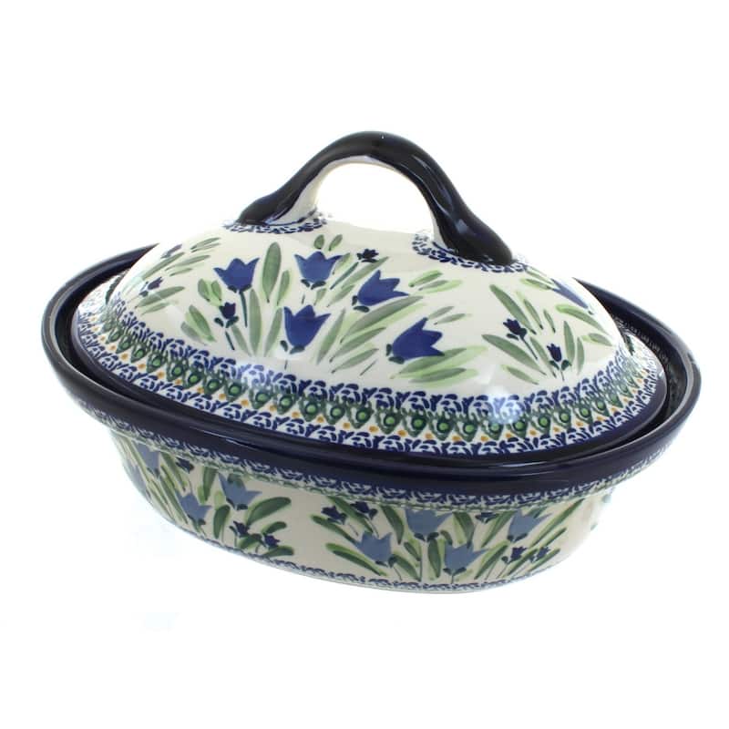 Blue Rose Polish Pottery 1158 Zaklady Roaster with Lid - Blue Tulip
