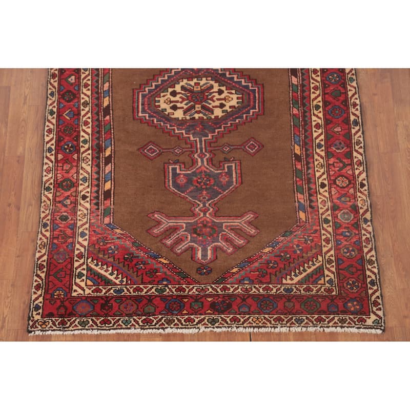 Brown Geometric Hamedan Vintage Persian Area Rug Handmade Wool Carpet - 4'6"x 7'1"