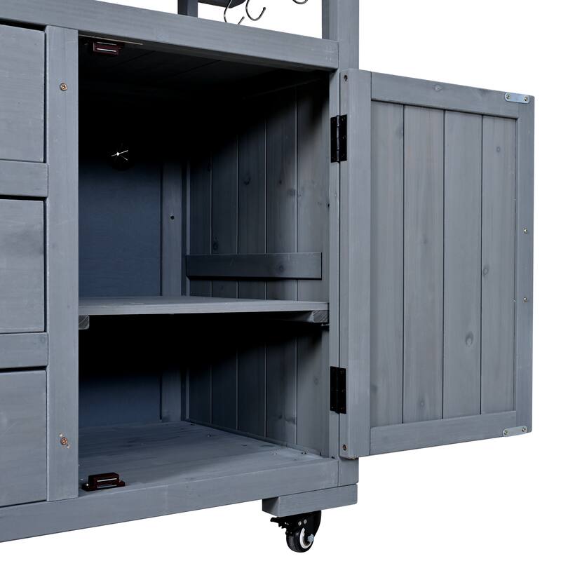 65" Outdoor Potting Bench with Stainless Steel Top, Rolling Garden Workstation with Hutch & Storage