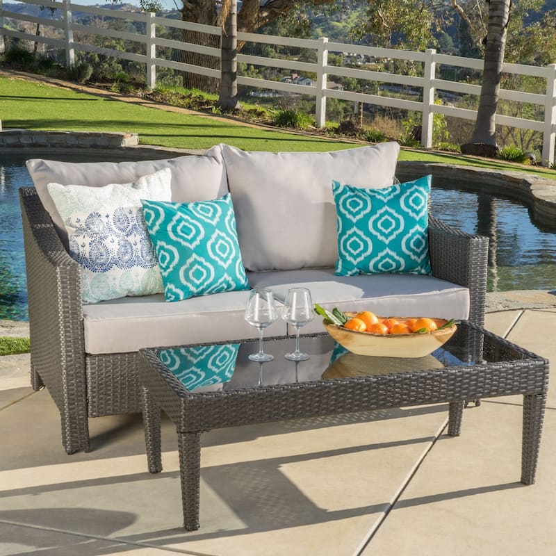 Antibes Outdoor Wicker Loveseat and Coffee Table with Cushions by Christopher Knight Home