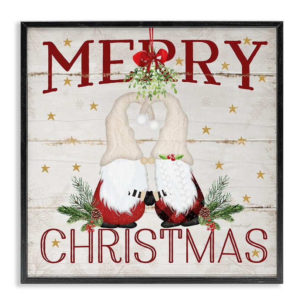 Stupell Merry Christmas Holiday Phrase Gnomes Under Mistletoe Framed Wall Art,12x12