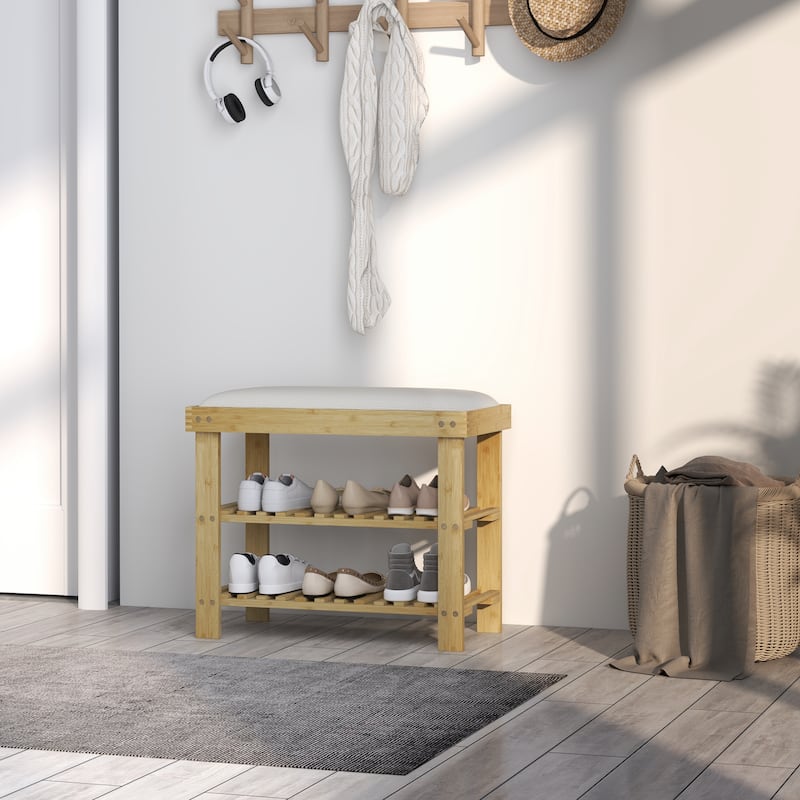 Wicker Two-Tier Storage Shoe Bench with Linen Cushion and Entryway Seating for Home and Hallway - 23.6" W x 11.4" D x 19.3" H