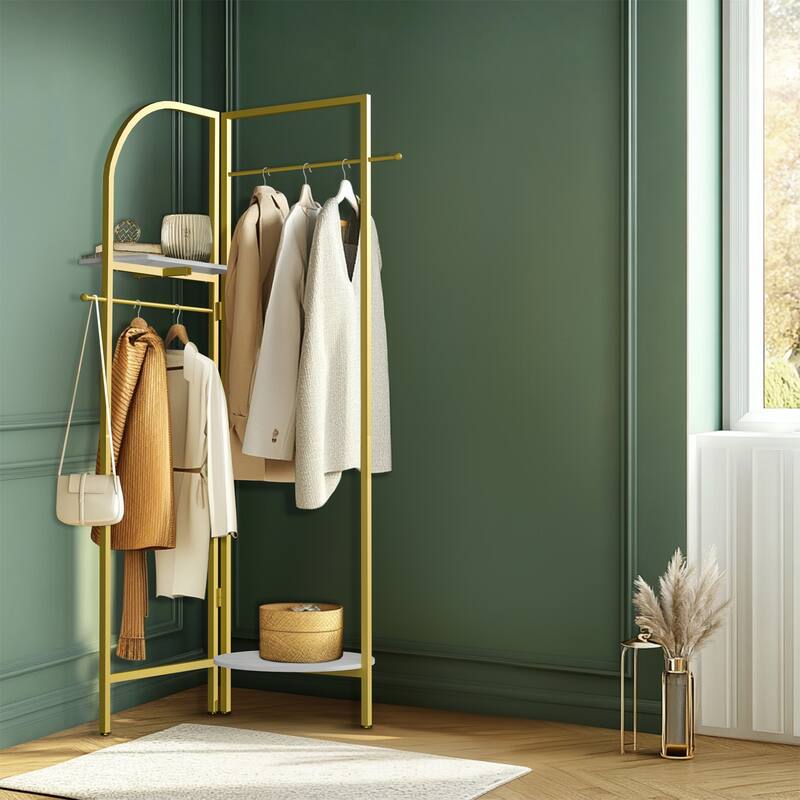 Folding Metal Gold Clothes Rail Corner Standing Coat Rack