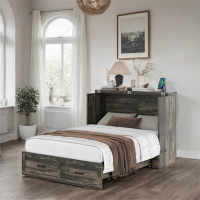 Full Size Wood Murphy Bed with Charging Station and Drawer