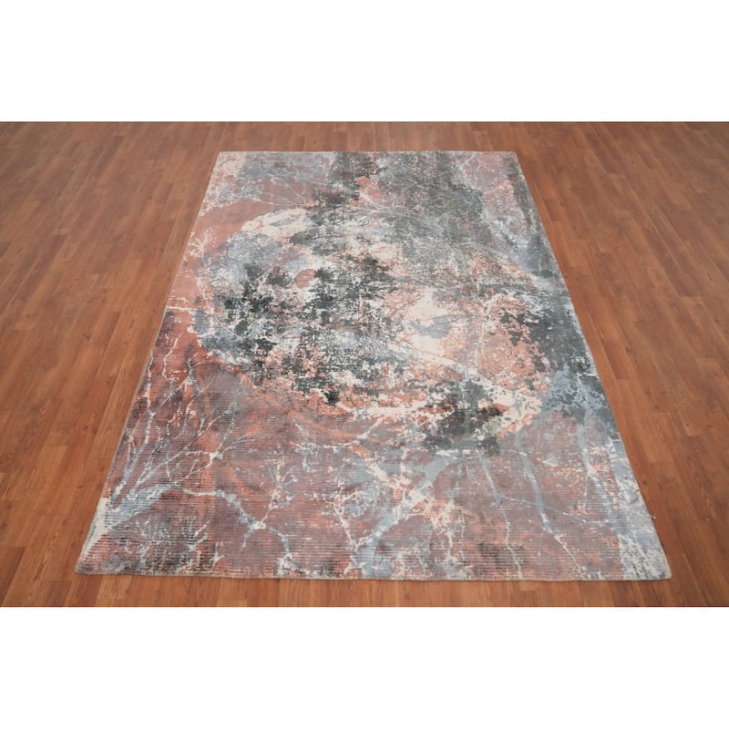 Hand Knotted Oriental Viscose Silk Carpet Modern Abstract Oranges & Rust Abstract Area Rug - 7' 10'' X 5' 6''