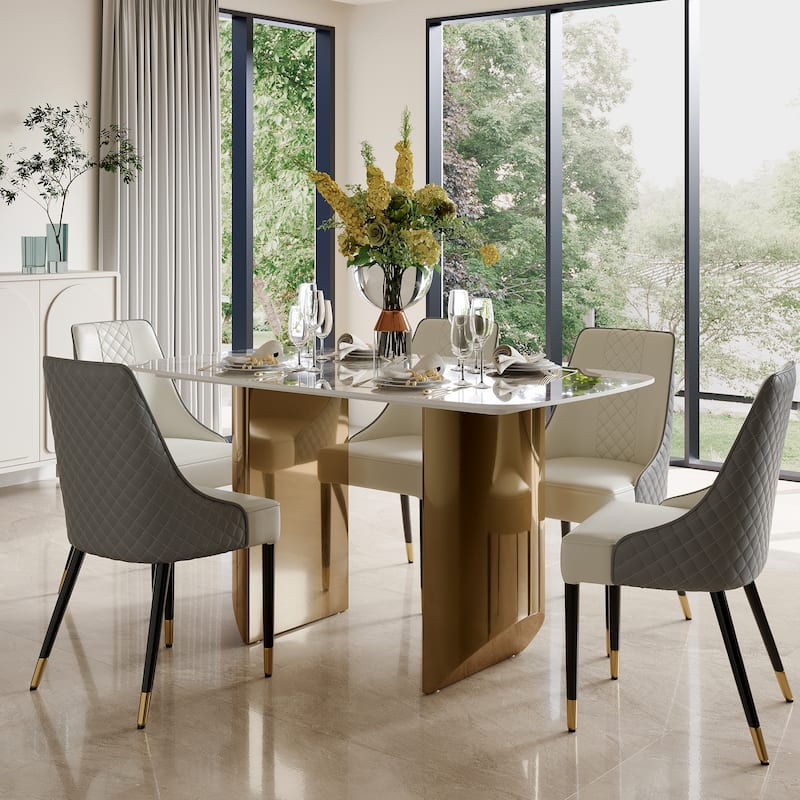 White Rectangular Sintered Stone Dining Table with Double Pedestals