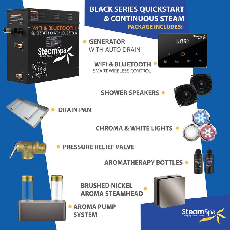 Black Series 7.5KW Steam Bath Generator with Wireless Remote, Bluetooth, WIFI, and Dual Aroma Pump - 7.5 KW