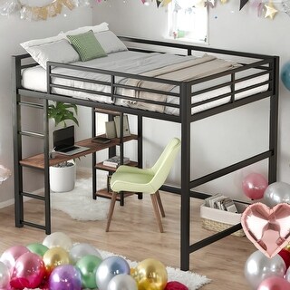 Full Size Loft Bed with Built-in Desk and Storage Shelves for Home