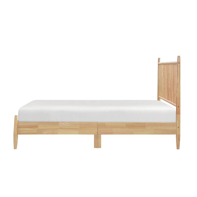 Mid-Century Modern Full Platform Bed with Vertical Slats Headboard, Natural Finish Wooden Bedroom Furniture