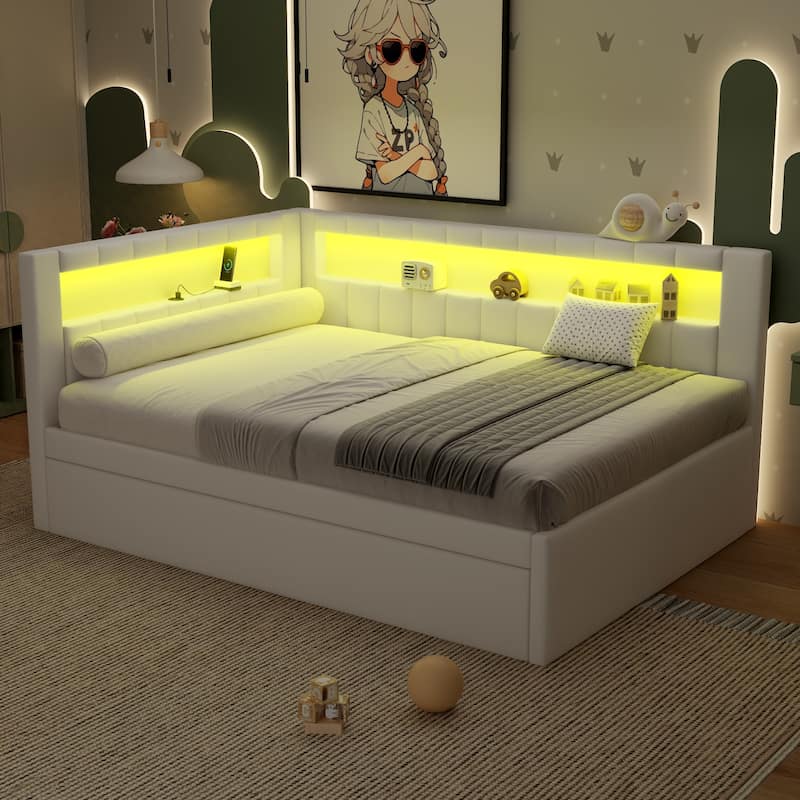 Platform Bed Linen Upholstered Daybed with L-shaped Headboard USB Ports and Light for Night's Sleep, Choose 2 Drawer or Trundle
