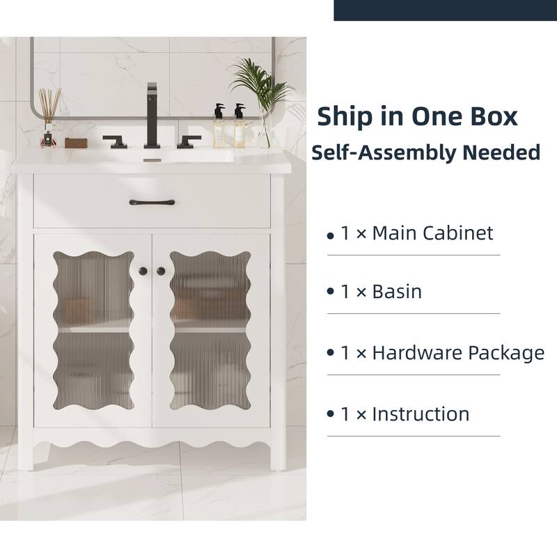 31" Bathroom Vanity with Tempered Glass, Ceramic Sink, Rubber Wood Legs & Soft-Close Doors