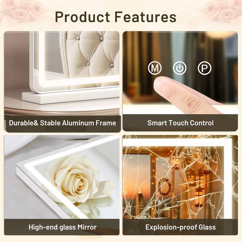 Vanity Mirror with Lights, Led Makeup Mirror, Lighted Makeup Mirror with Dimmable Lights, Smart Touch ,USB Charging Port