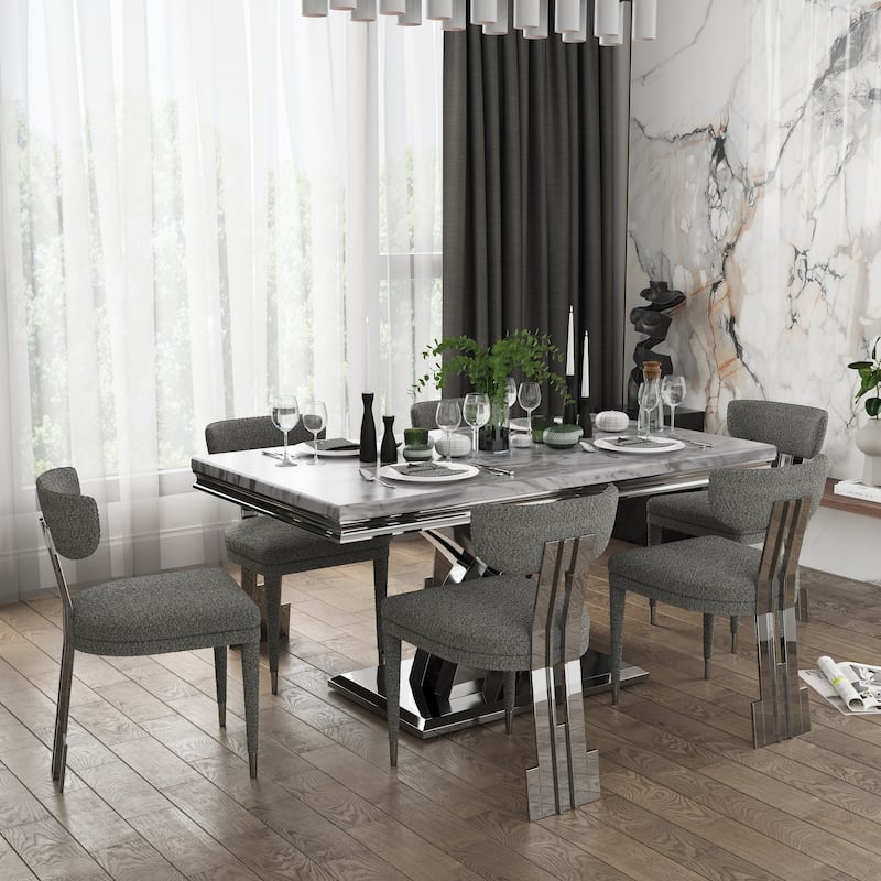 Glam Silver Dining Table Set with 64 inch Dining Table and Black Button Tufted Velvet Dining Chairs