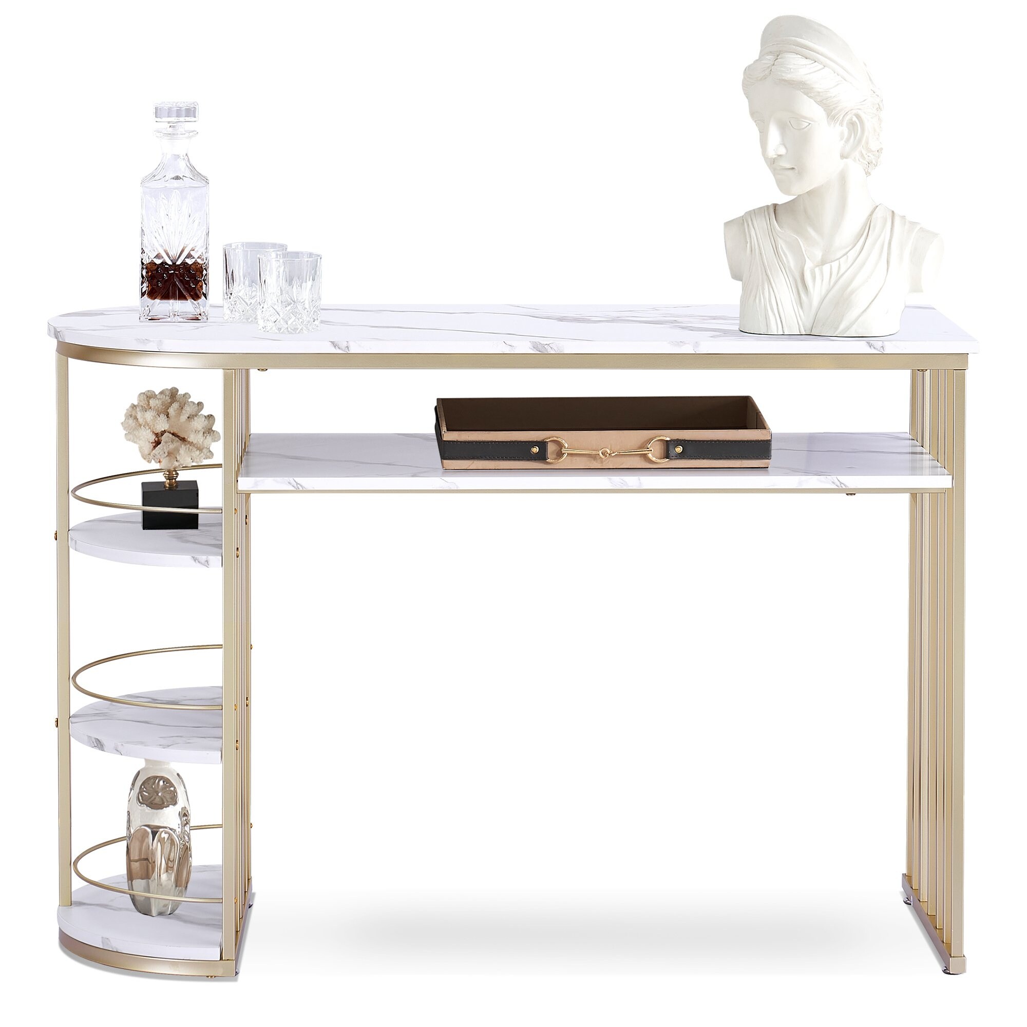 Mcombo Console Table with Storage, White Entryway Table with Shelves, Gold Sofa Table for Living Room, Hallway