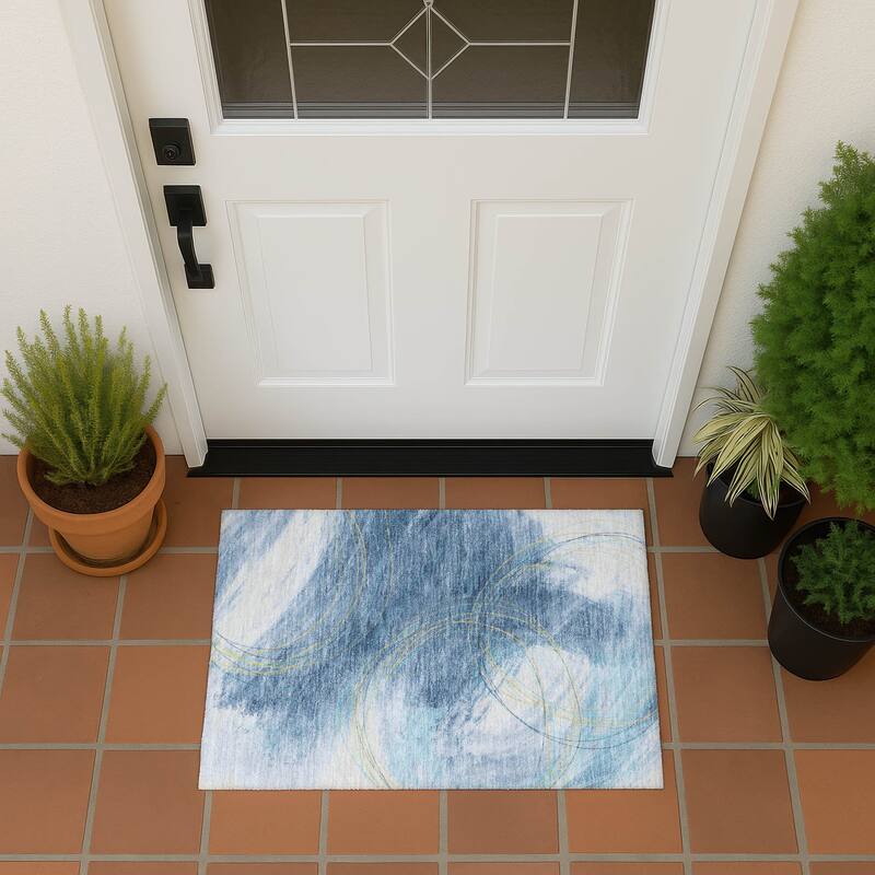 Machine Washable Indoor/ Outdoor Abstract Modern Chantille Rug - Sky - 1'8" x 2'6"