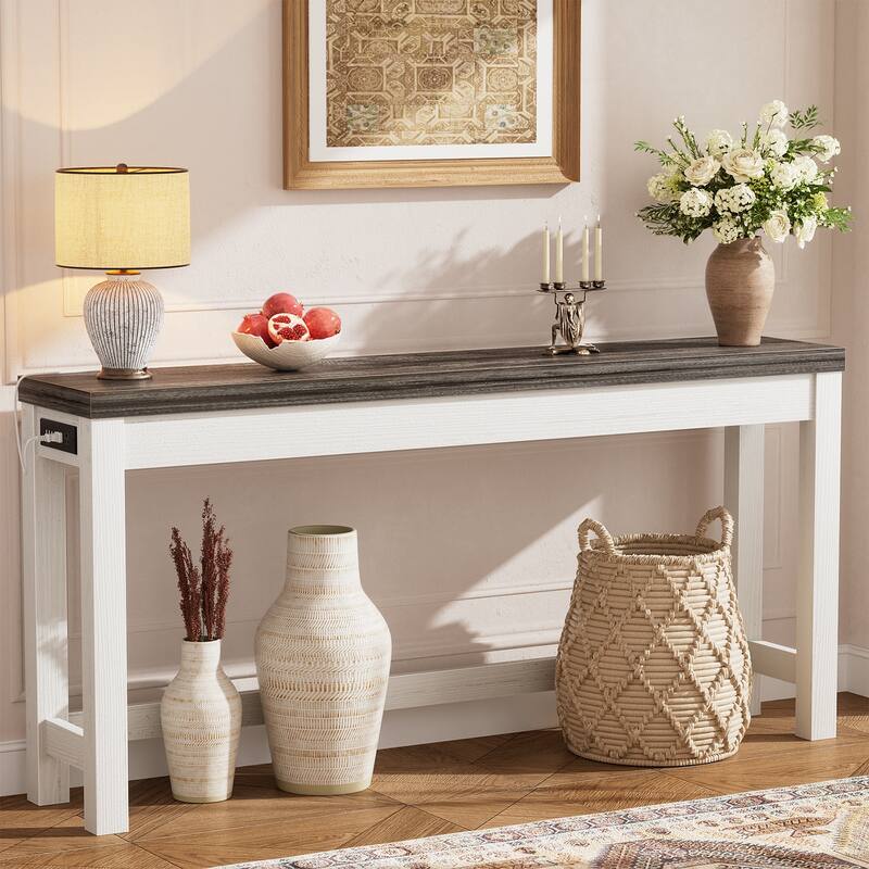 63-In Console Table with Charging Station, Farmhouse Entryway Table/ Behind Couch Table