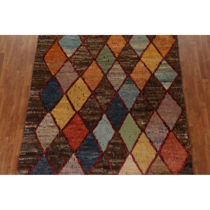 Hand Knotted Oriental 100% Wool Carpet Tribal Trellis Brown Moroccan Area Rug - 9' 4'' X 6' 11''