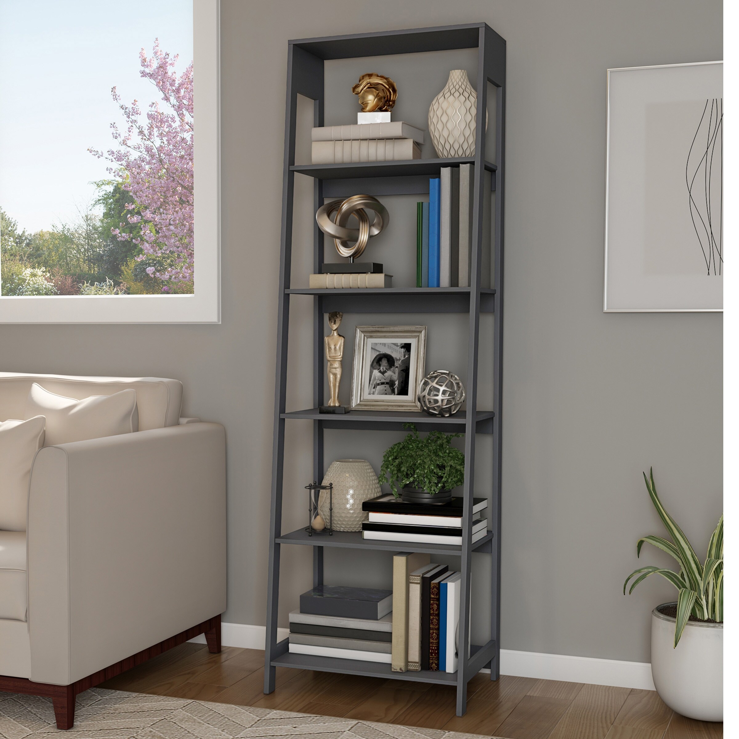 Grey ladder bookshelf sale