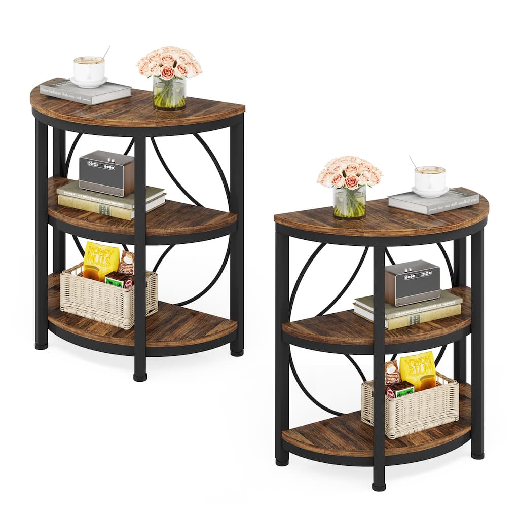 3-Tier Half Round End Table with Storage Shelves & Metal Frame