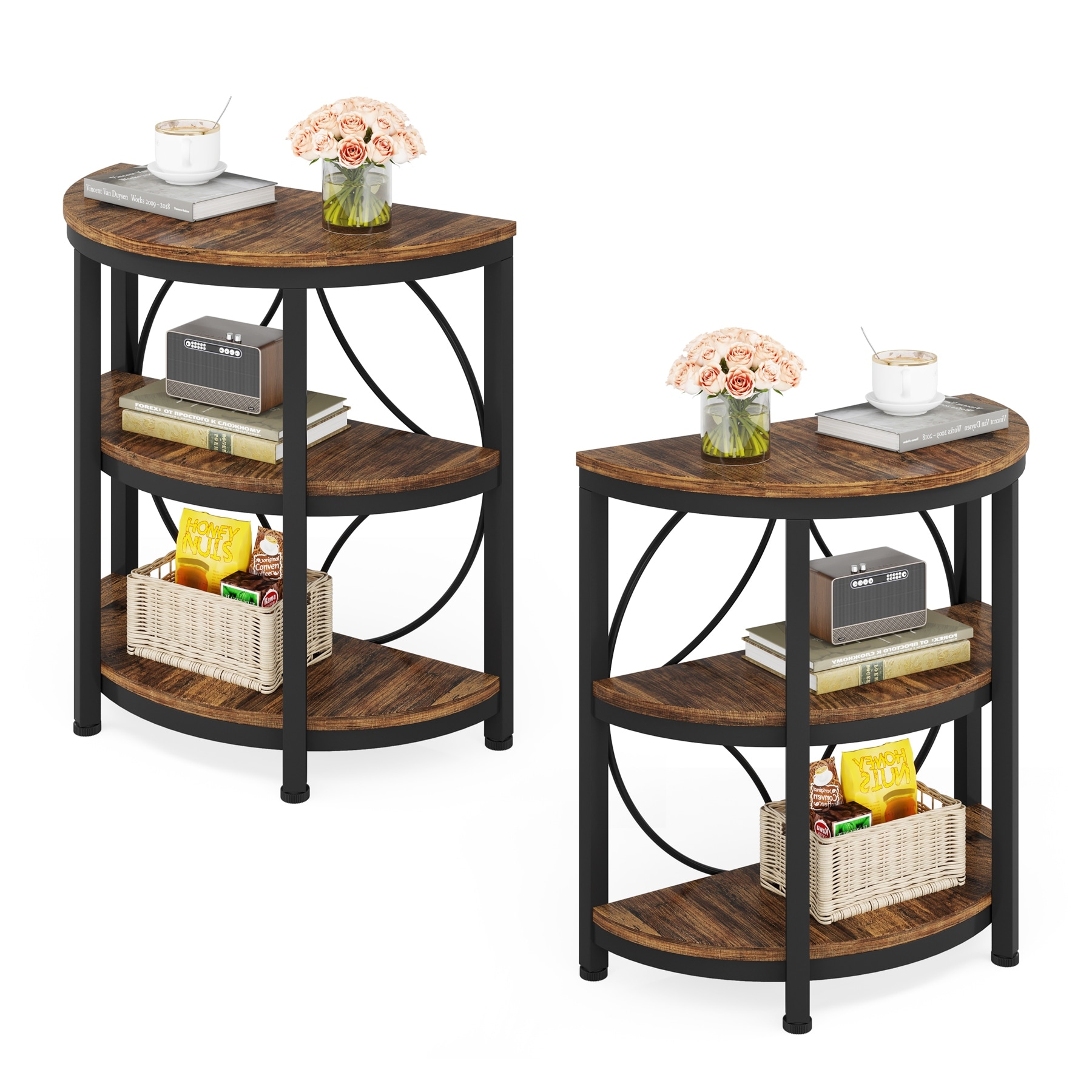 3-Tier Half Round End Table with Storage Shelves & Metal Frame