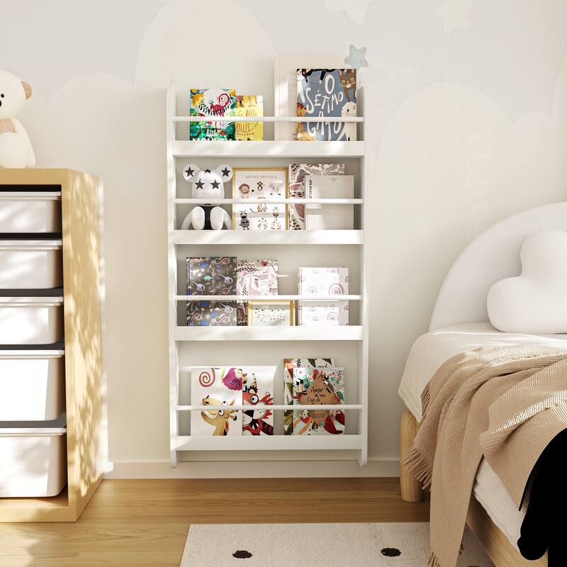 4-Tier Kids Bookshelf, Wall Mounted Kids Bookcases Organizer for Toys and Books