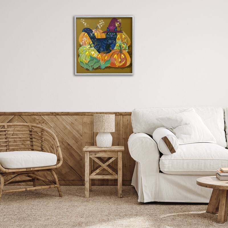 Stupell Cat with Jack-o-Lanterns Framed Giclee Art Design By Kay Widdowson