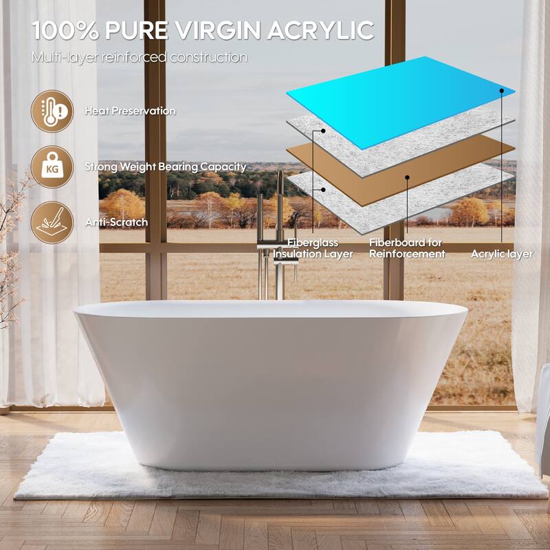 Glossy White Freestanding Soaking Bathtub, 100% Pure Virgin Acrylic with Drain And Overflow