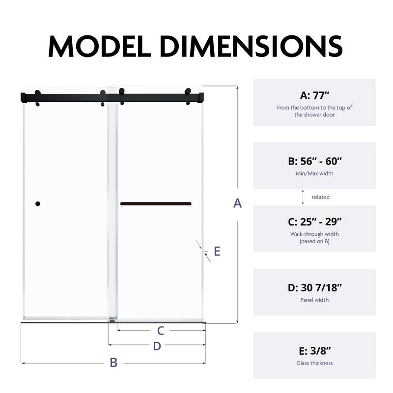 SP Series 56” - 60" W x 77” H Double Sliding Frameless Glass Shower Doors With 3/8" Clear Tempered Glass